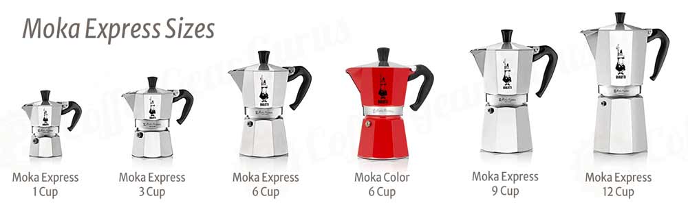 The various sizes the Moka express pot is available in